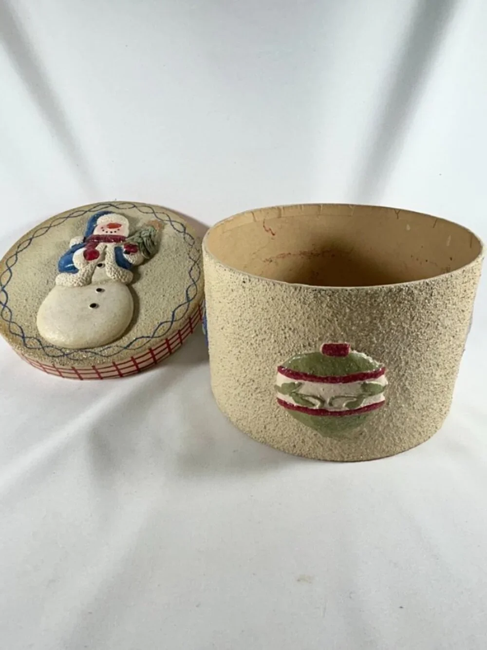 Snowman Circular Box Decorated With Holiday Ornaments